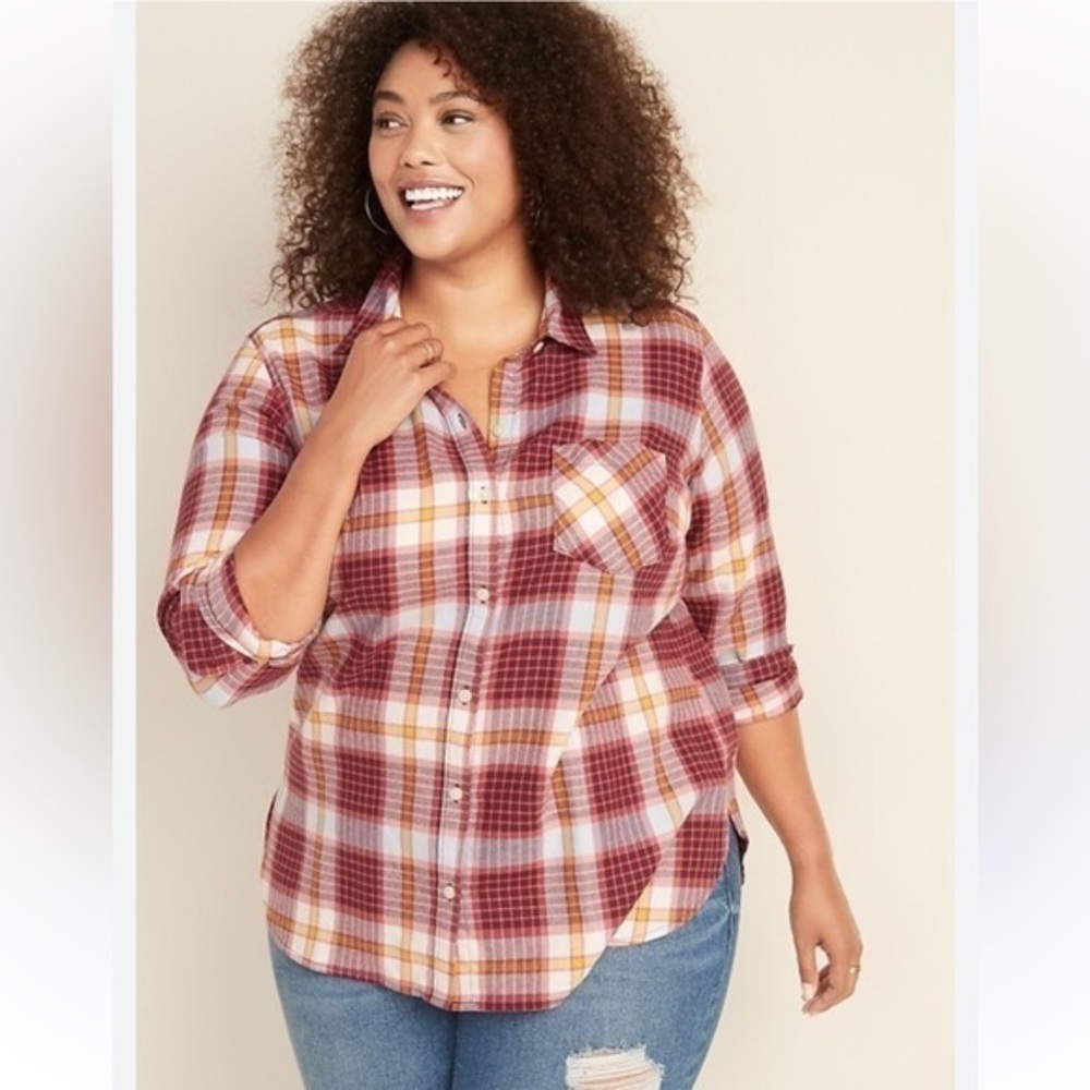 Old Navy Plaid Flannel No Pick The Tunic Shirt Button Down Top Orange Red Large